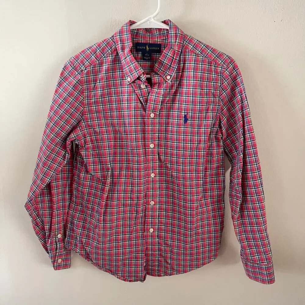 Ralph Lauren Boys Large 14/16 Red Tattersall Plaid Button Down Shirt Sleeve